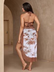 Swim Oasis 2026 New Plus Size Solid Color Knitted Jacquard Halter V-Neck Ruched Waist Matching Multi-Color Placement Print Tie Strap Mesh Skirt Swimsuit, Elegant & Fashionable For Beach & Vacation - Multicolor - View 3