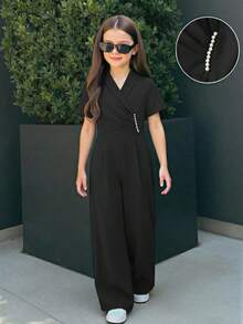 少女酒红色丝绒无袖连体裤——优雅的裹身设计，饰以珍珠，完美适用于派对、家庭聚餐、节日聚会和半正式场合；舒适的阔腿版型，时尚百搭，适合特殊场合或休闲穿着。 - 黑色 - 查看 1