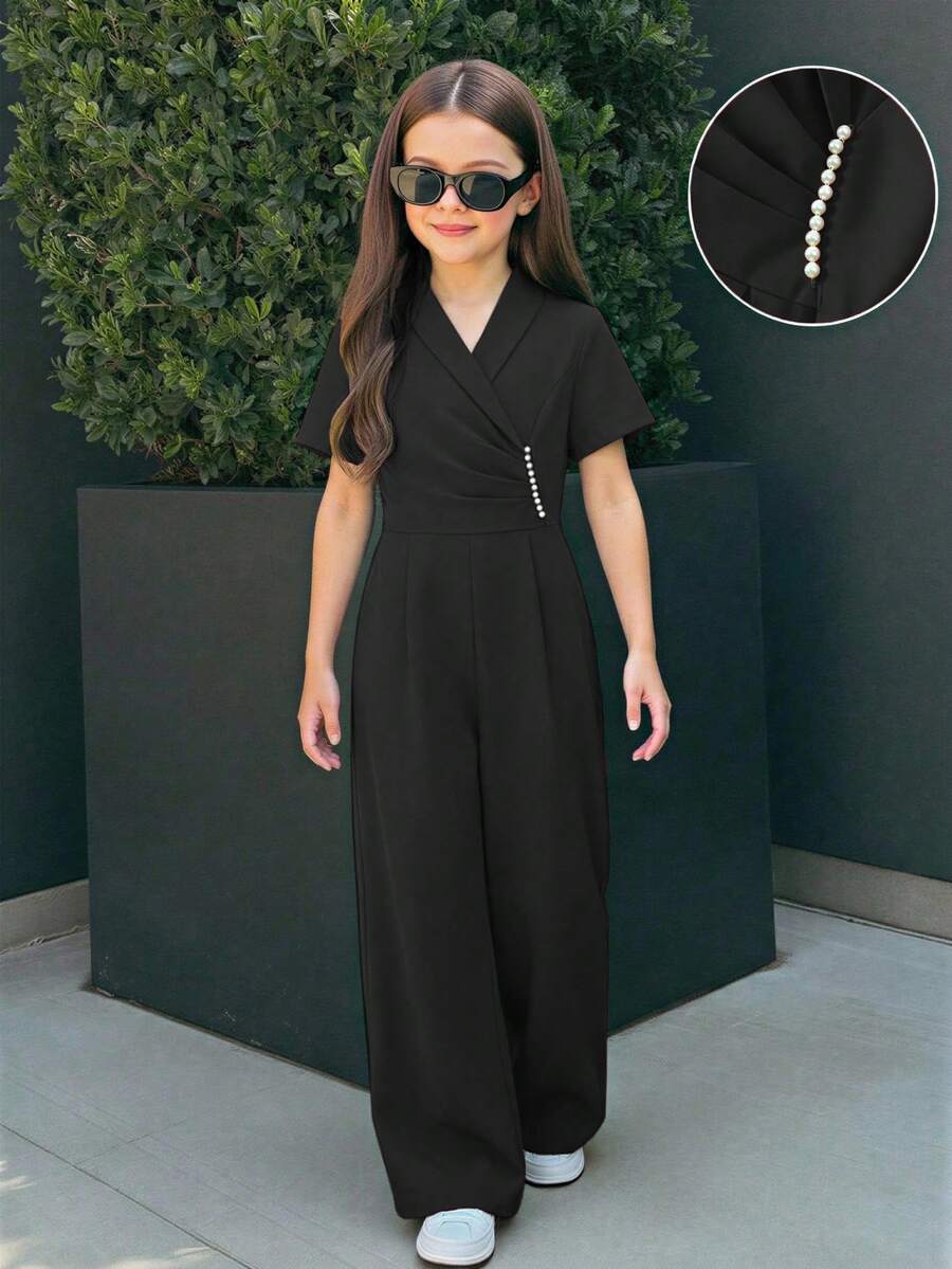 少女酒红色丝绒无袖连体裤——优雅的裹身设计，饰以珍珠，完美适用于派对、家庭聚餐、节日聚会和半正式场合；舒适的阔腿版型，时尚百搭，适合特殊场合或休闲穿着。 - 黑色 - 查看 1