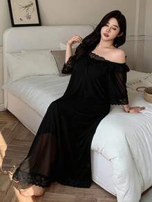 Dazy Plus 大尺碼網紗拼接蕾絲露肩寬鬆性感長款睡裙 夏季睡衣 - 黑色 - 查看 2