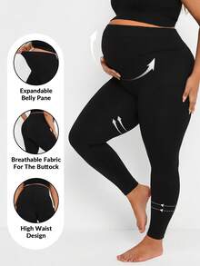 Plussiva Plus Size Maternity Black Leggings,Sommar Casual Gym High Waist Pregnancy Pants,Seamless Ultra-Elastic Expandable Belly Panel Slim-Fit Yoga Leggings - Black - View 1