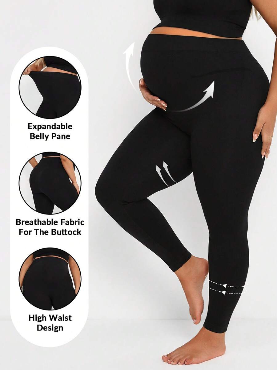 Plussiva Plus Size Maternity Black Leggings,Sommar Casual Gym High Waist Pregnancy Pants,Seamless Ultra-Elastic Expandable Belly Panel Slim-Fit Yoga Leggings - Black - View 1