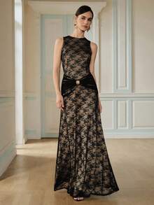 Anewsta Nuevo vestido de encaje de estilo francés elegante con cuello redondo, sin mangas con diseño plisado, decoración con botones metálicos, vestido de encaje con drapeado exquisito para eventos formales de verano - Negro - Ver 4