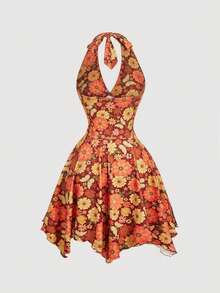 SHEIN MOD 女士印花褶皱腰部吊带不对称下摆度假连衣裙 - 彩色 - 查看 5