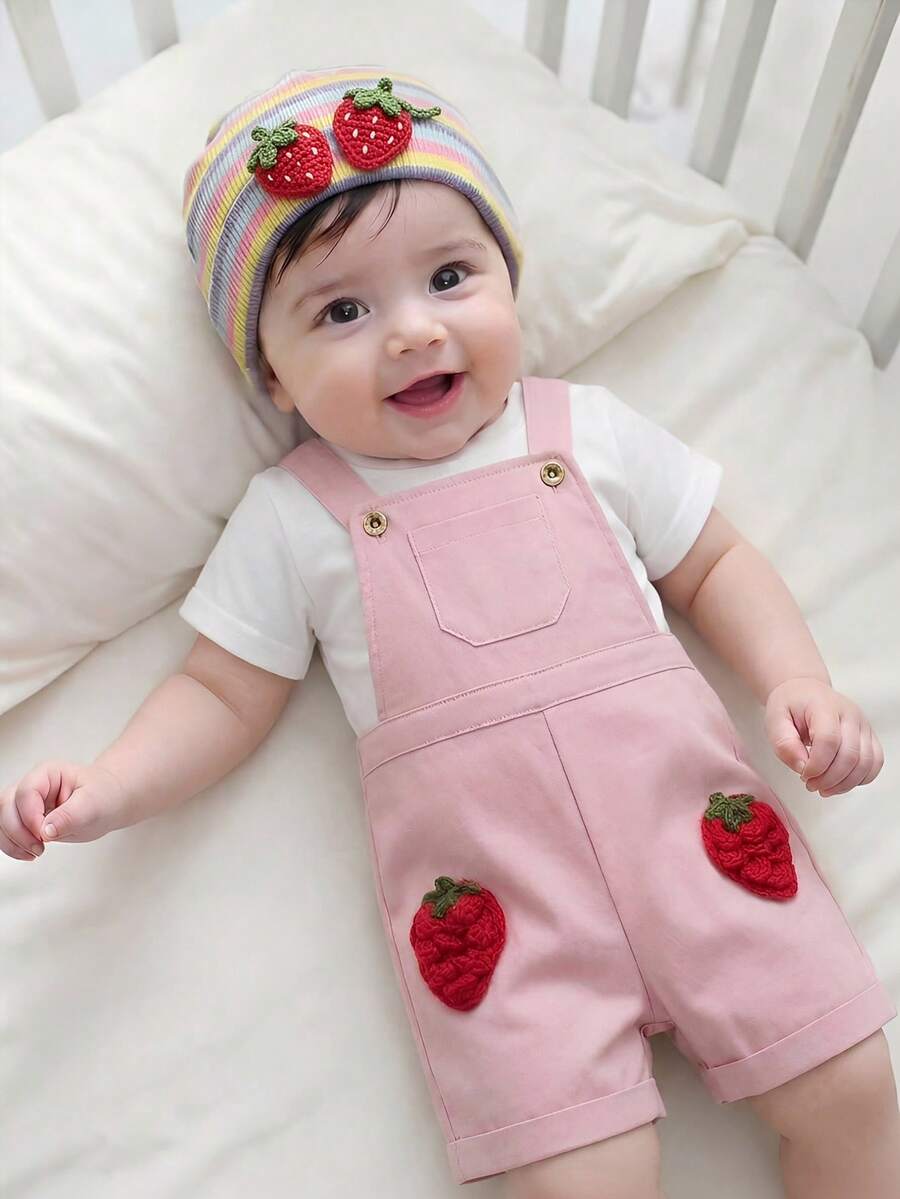 SHEIN Quần yếm cho bé gái màu hồng họa tiết dâu tây dễ thương, đa năng, thoải mái. - Nhiều màu - Xem 1