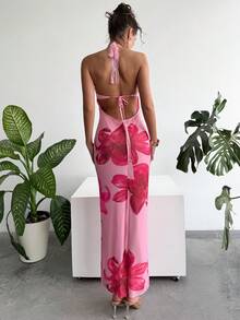 Rafferiza 女士印花弹力无袖抹胸修身连衣裙，时尚性感度假连衣裙，蕾丝金属扣饰边连衣裙，网纱连衣裙，时尚优雅，适合日常穿着、婚礼、宴会、日常通勤、毕业派对、节日活动、度假等场合。 - 粉色 - 查看 2
