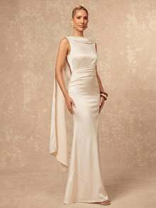 Lumalex 女士优雅杏色褶皱领无袖修身喇叭连衣裙，春夏款 - 杏色 - 查看 9