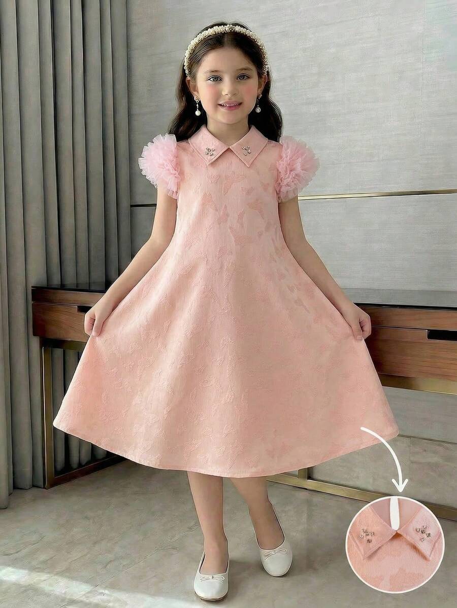 Vestido elegante y lujoso de línea A con cuello de camisa, estilo princesa, adecuado para eventos y fiestas para niña preadolescente - Rosa - Ver 1