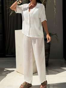 Bonvoyette Women's White Short Sleeve Shirt And Pants 2 Pieces Casual Vacation Beach Cover-Up Set - White - View 3