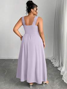 Elenzga 大码V领撞色蕾丝吊带荷叶边修身开衩连衣裙 - 淡紫色 - 查看 2