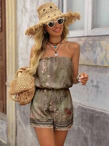 Brillora Casual Minimalist Vintage Print Jumpsuit - White - View 3