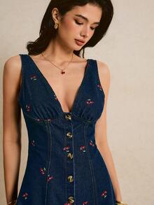 Poéselle 女士深V领樱桃刺绣图案单排扣休闲度假牛仔连衣裙 - 深色水洗藍 - 查看 8