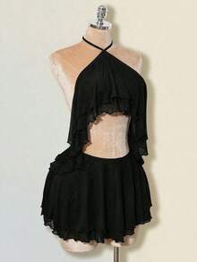 SHEIN ICON Layered Ruffle Halter Backless Mini Dress For Women - Black - View 1