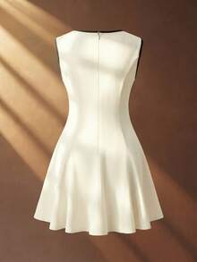 GlowEve 无袖圆领收腰A字撞色休闲通勤简约优雅浪漫女装 - 杏色 - 查看 4