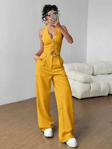 SHEIN PETITE Women's Single-Breasted Halter Top And Wide-Leg Pants Casual Two Pieces Set - Yellow - View 3