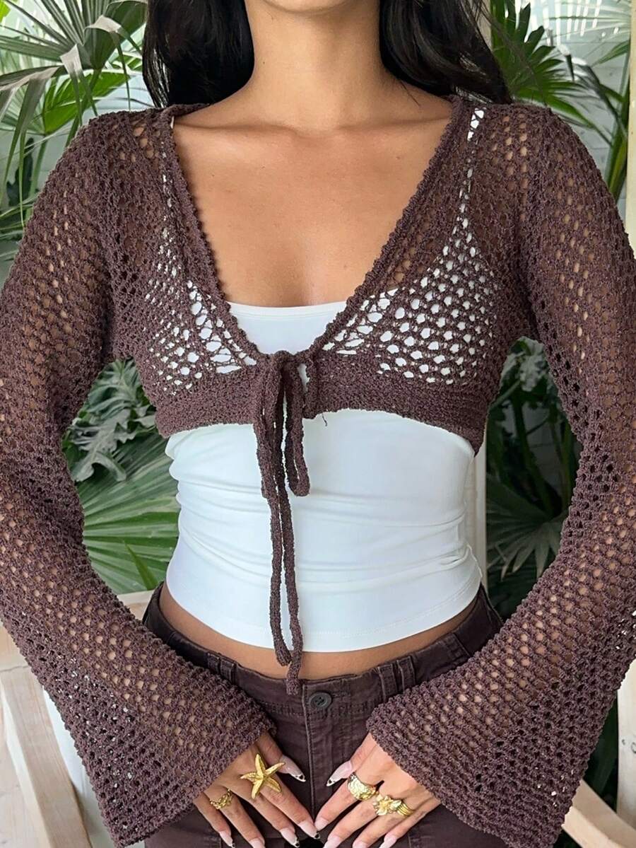 SHEIN EZwear Coffee Brown Long Sleeve Front Tie Cropped Thin Cardigan - Coffee Brown - View 1