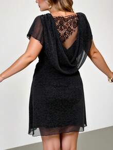 Auralis Plus Size Black Sparkly Dress For Women,Elegant Lace Patchwork Draped Formal Evening Outfit,Summer Night Out Club Party Cocktail Wedding Dress - Black - View 1