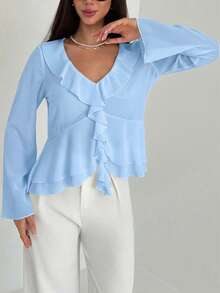 Aloruh Blusa ajustada de manga larga con volantes, cuello en V profundo y puños acampanados, de estilo bohemio, para uso diario y de oficina, de moda minimalista para mujer - Celeste - Ver 6