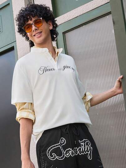 Open Phase Vintage American Style Polo Shirt Men, Short Sleeve Henley Neck Loose Casual Top