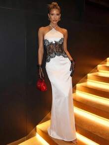 Lumalex 女士优雅性感撞色蕾丝拼接露背连衣裙 - 象牙白色 - 查看 4