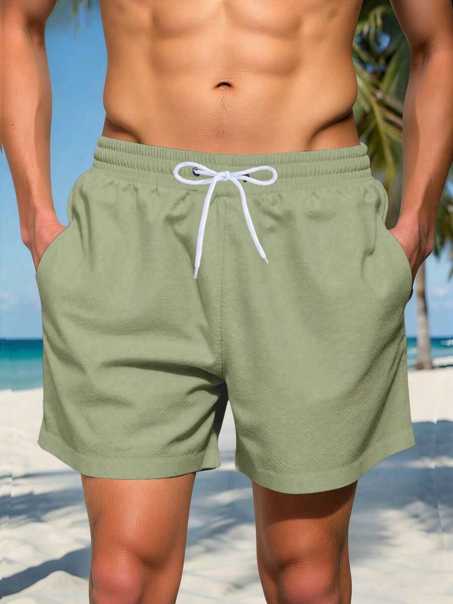 Manfinity KASUA Men's Solid Color Drawstring Casual Beach Shorts - Army Green - View 1