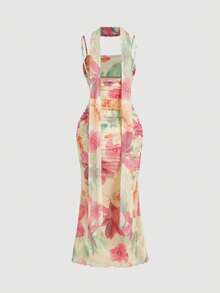 SHEIN MOD 大码夏季度假吊带围巾飘逸连衣裙，印花紧身连衣裙，沙滩派对装扮 - 彩色 - 查看 3