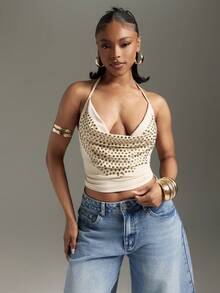 Studded Cowl Neck Halter Top Sexy Tops Clubwear Concert Outfits GNO Fashionable - Apricot - View 4