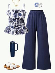 SHEIN 2pcs/Set Teen Girls Ruffle Striped Tie-Front Camisole Top And Pants Outfit - Navy Blue - View 4