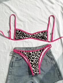 Swim Mod Bộ bikini hai mảnh gợi cảm buộc dây cổ họa tiết da báo dành cho nữ, thích hợp mặc đi biển mùa hè. - Màu Hồng Tươi - Xem 5