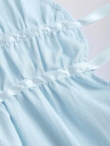 Sweetra Bộ đồ 2 mảnh kiểu Pháp thoải mái, màu trơn, buộc dây eo, ống rộng, thời trang dành cho nữ. - Màu xanh lam - Xem 3