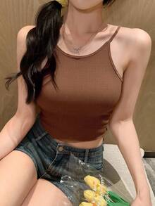 DAZY Women's Casual Solid Color Cropped Camisole For Summer - Brown - View 5