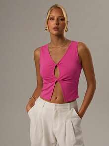 SHEIN Forever 21 女士性感纯色扭结镂空露背吊带背心，夏季 - 玫紅色 - 查看 3