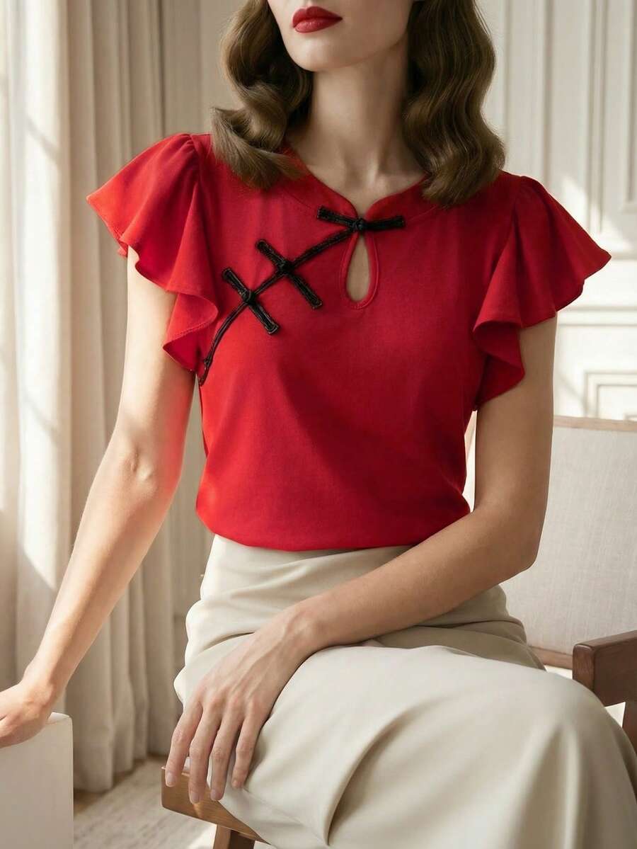 Suri Mira Upgrade Version Women's Casual Red Shirt With Ruffle Trim, Suitable For Party, Women's Tops And Blouses,Wedding Guest Outfit,Festival,Graduation - Red - View 1