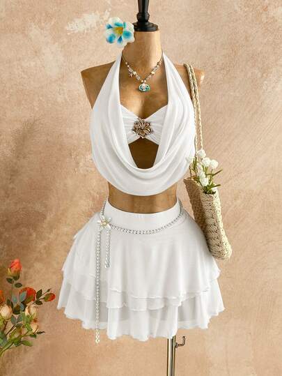 Soleia Women's Sunset Ombre Plunging Neckline Floral Metal Buckle Tie Blouse + Multi-Layer Ruffle Hem Mini Skirt 2-Piece Set, Casual Vacation Beach Cruise Holiday Outfit, Suitable For All Seasons, Music Festival, Boho Vacation