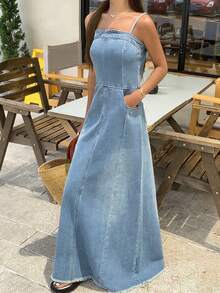 DAZY Đầm denim hai dây kiểu Hàn Quốc dành cho nữ, chất liệu denim bạc màu. - Màu xanh lam - Xem 10
