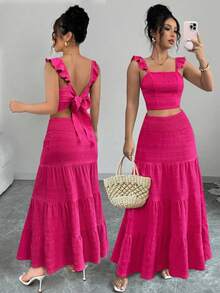 Breezaya 2 件套女士夏季纹理吊带背心，带后背系带和裙子 - 玫紅色 - 查看 1