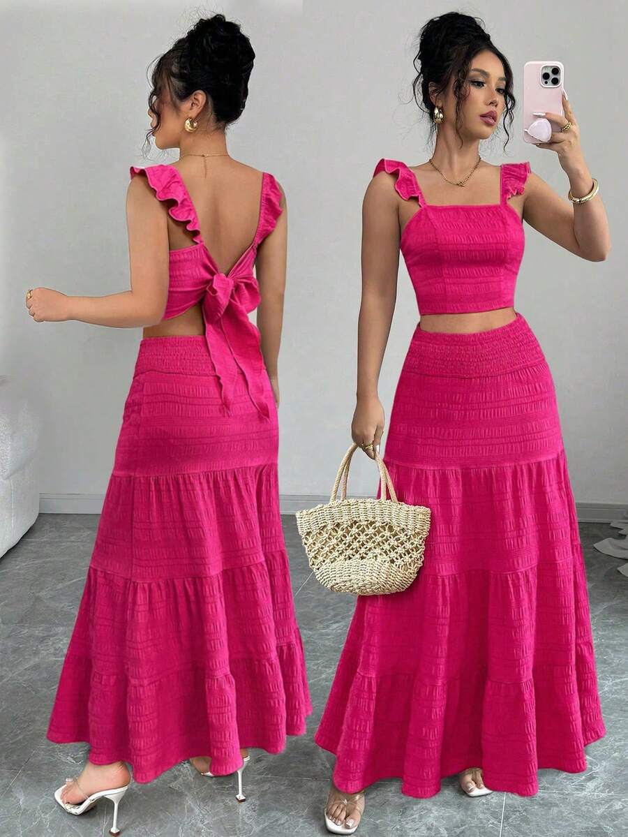 Breezaya 2 件套女士夏季纹理吊带背心，带后背系带和裙子 - 玫紅色 - 查看 1