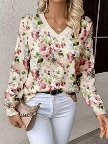 EMERY ROSE Áo thun nữ cổ chữ V in hoa, kiểu dáng thường ngày, thích hợp cho mùa xuân/thu. - Nhiều màu - Xem 1