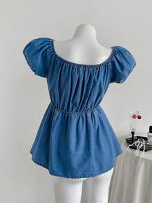 SHEIN 方领花瓣袖牛仔衬衫 - 藍色 - 查看 2