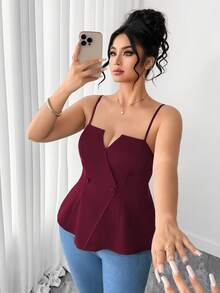 Elenzga Flared Hem Red Violet Cami Crop Top With Spaghetti Strap, Casual Woven Fabric With Button Detail Buttons, Plain Design And Button Accented With Buttons - Red Violet - View 5