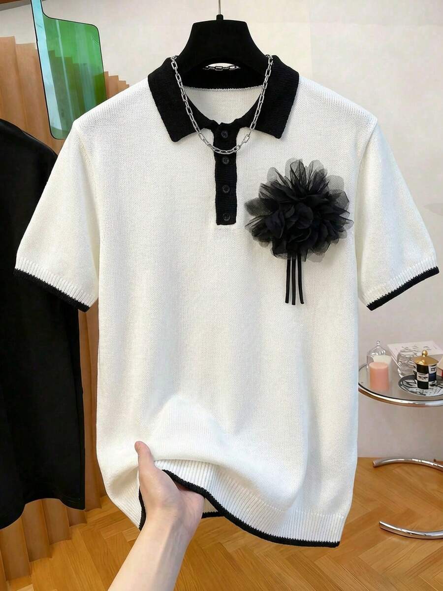 Manfinity Homme 男士夏季休闲时尚派对3D花卉装饰撞色包边Polo领短袖针织上衣 男士针织衬衫 学院风图案Polo衫 男士Polo衫 男士服装 男士Polo衫 针织Polo衫 - 白色 - 查看 1