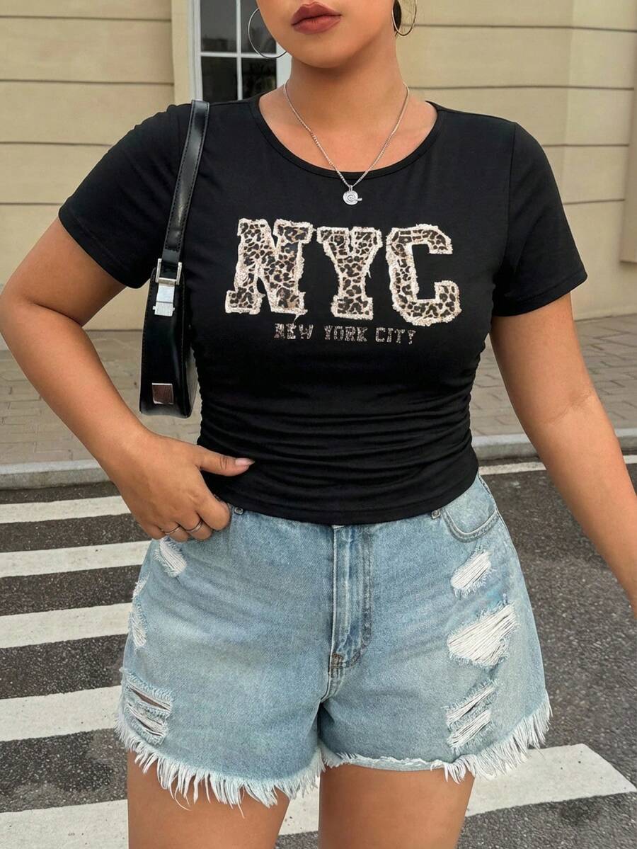 Muchica Áo thun nữ cỡ lớn in họa tiết da báo, chữ cái, kiểu dáng nhún bèo, phong cách thường ngày. - màu đen - Xem 1