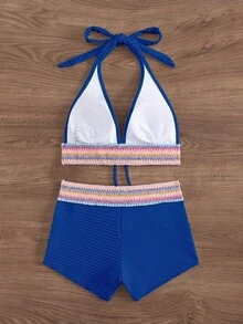 SHEIN Swim 2件套 新款春夏藏蓝色系带露脐吊带背心和短裤，度假休闲沙滩派对比基尼泳装套装，女士度假套装，女士两件套泳衣泳装 - 寶藍色 - 查看 4