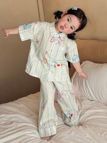 DAZY Young Girl Striped Short Sleeve Button-Up Pocket Top And Pants Loungewear Set - Multicolor - View 3
