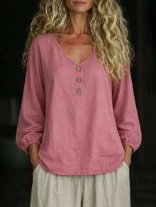 EMERY ROSE Women's Solid V-Neck Casual Versatile Daily Wear Long Sleeve Shirt - Pink - View 1