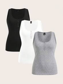 EMERY ROSE 3pcs Plus Size Women's Solid Color Thick Strap Camisole, Suitable For Summer - Multicolor - View 10