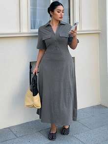 Dazy Plus Plus Size Women's Solid Color Bodycon Pocket Polo Collar T-Shirt Dress, Short Sleeve, Long, Spring/Summer Sundress - Dark Grey - View 9