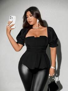 Viva Relle Plus Size Women Summer Elegant Black Blouse,Autumn Puff Sleeve High Waist Cinched Ruffled A-Line Top,Y2K  Night Out Club Beach Vacation Party Wear - Black - View 1