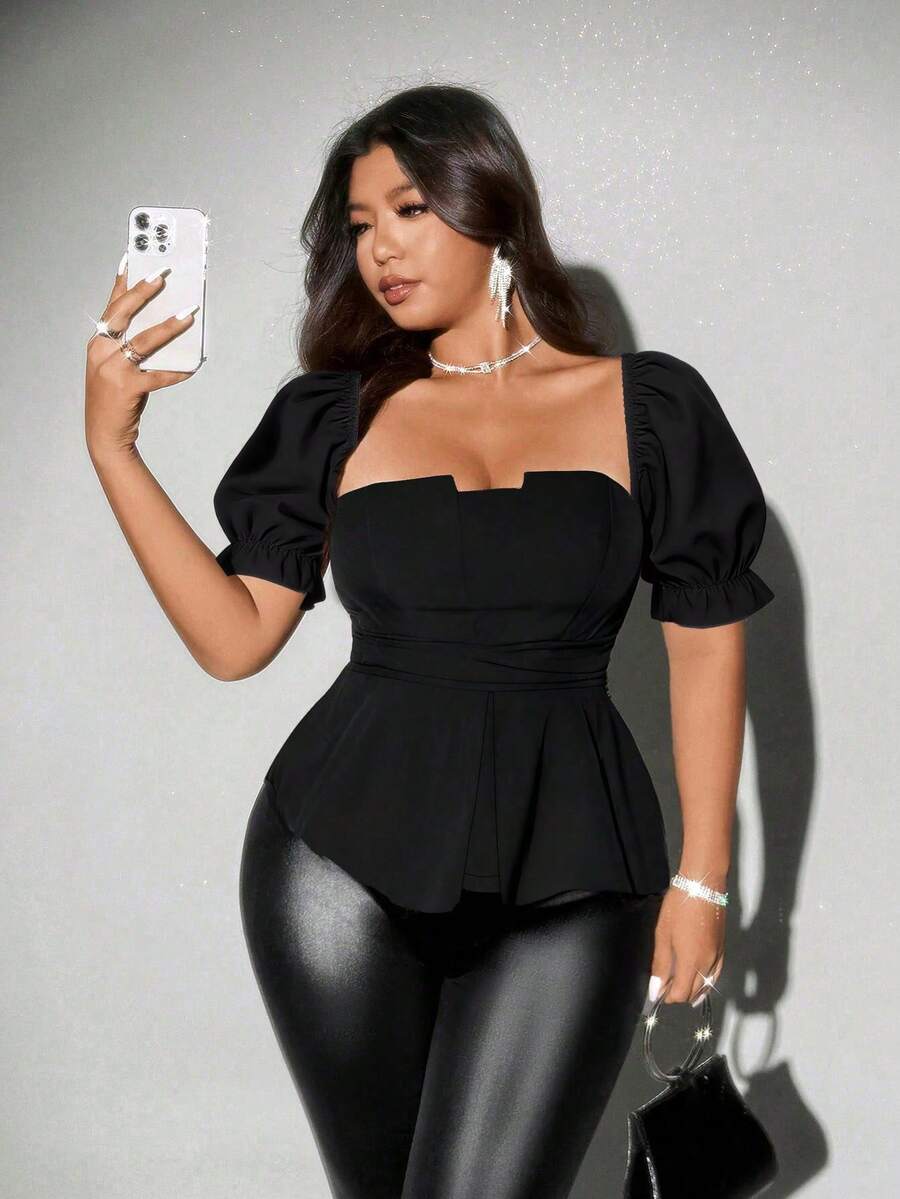 Viva Relle Plus Size Women Summer Elegant Black Blouse,Autumn Puff Sleeve High Waist Cinched Ruffled A-Line Top,Y2K Night Out Club Beach Vacation Party Wear - Black - View 1