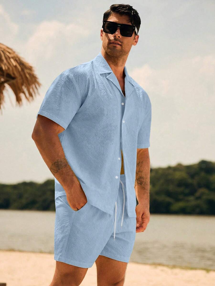 CoralVoy Men's Solid Color Regular Shoulder Short Sleeve Front Button Casual Beach Set, Holiday - Baby Blue - View 1